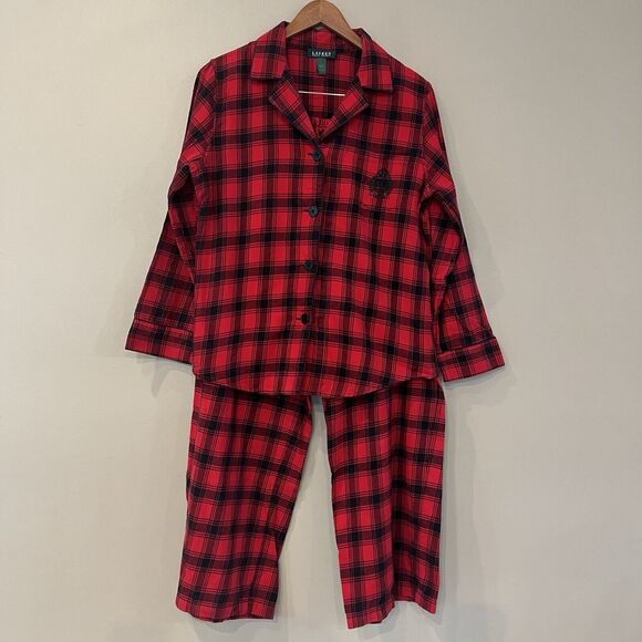 Lauren Ralph Lauren Pajama Set Womens Large Red Flannel Crest‎ Buffalo Plaid - Picture 1 of 15